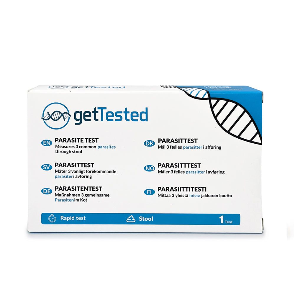 GetTested Parasiten Test-Verpackung. Weiß mit blauem Akzent. Text: Parasitentest, Rapid Test, Stool, 1 Test. Mehrsprachige Informationen.