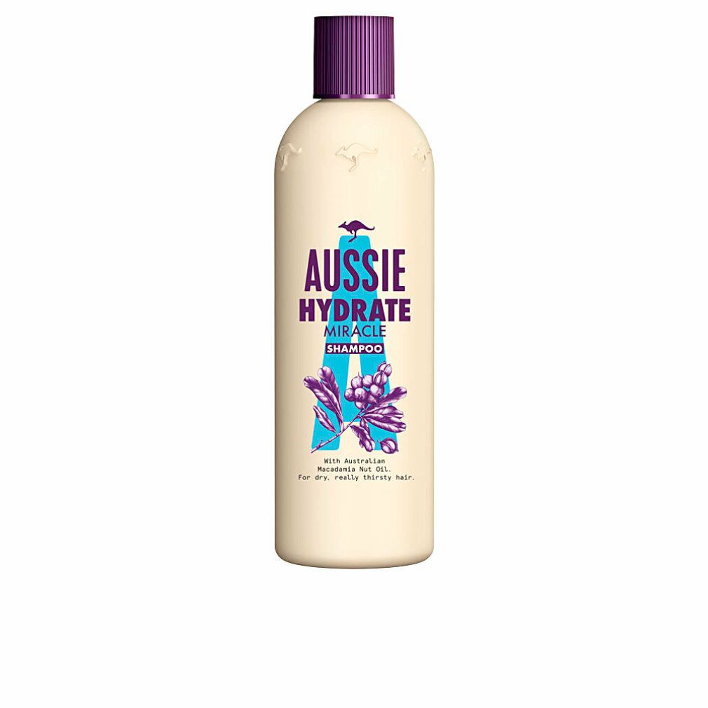 Beige Shampoo-Flasche mit lila Deckel. Aufschrift: Aussie Hydrate Miracle Shampoo. Mit australischem Macadamia-Nussöl.
