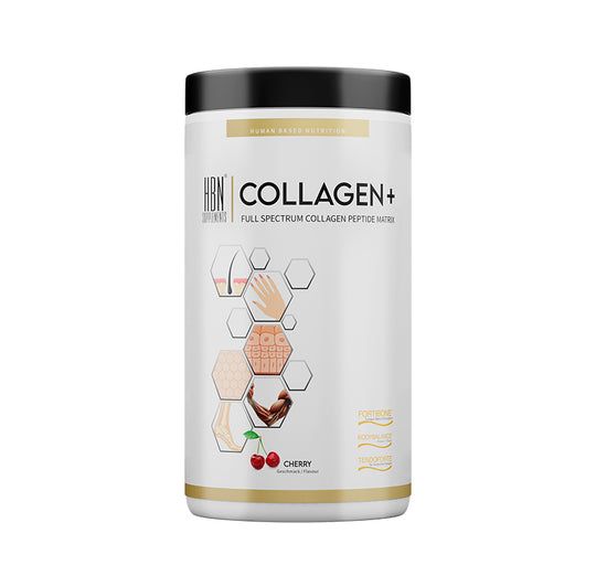 Weißer Behälter mit schwarzem Deckel. Aufschrift: HBN Supplements Collagen+. Illustrationen von Haut, Haaren und Kirschen.