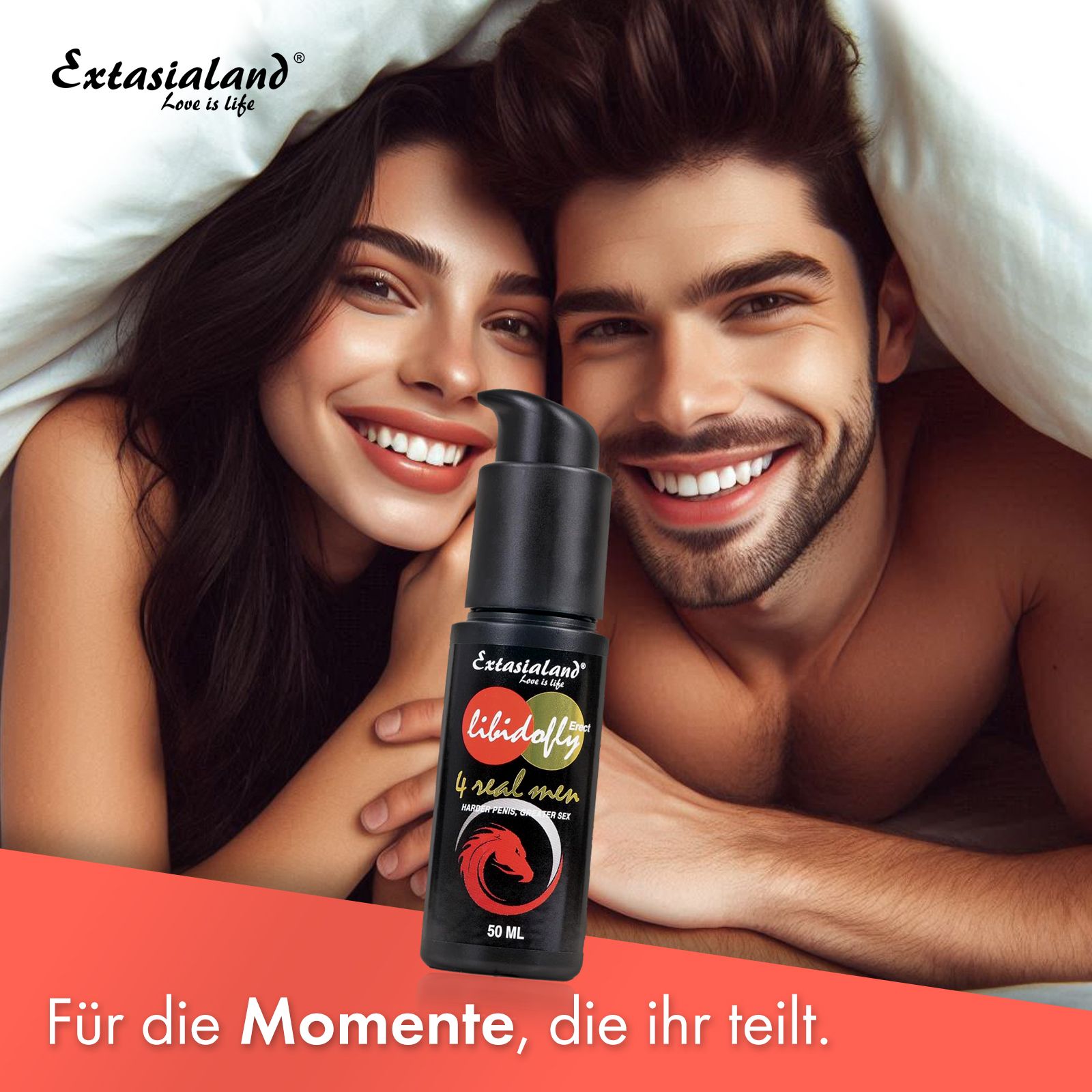 Schwarze Flasche mit Pumpe. Aufschrift: Libidofly. 50 ml. Paar im Bett, lächelt.