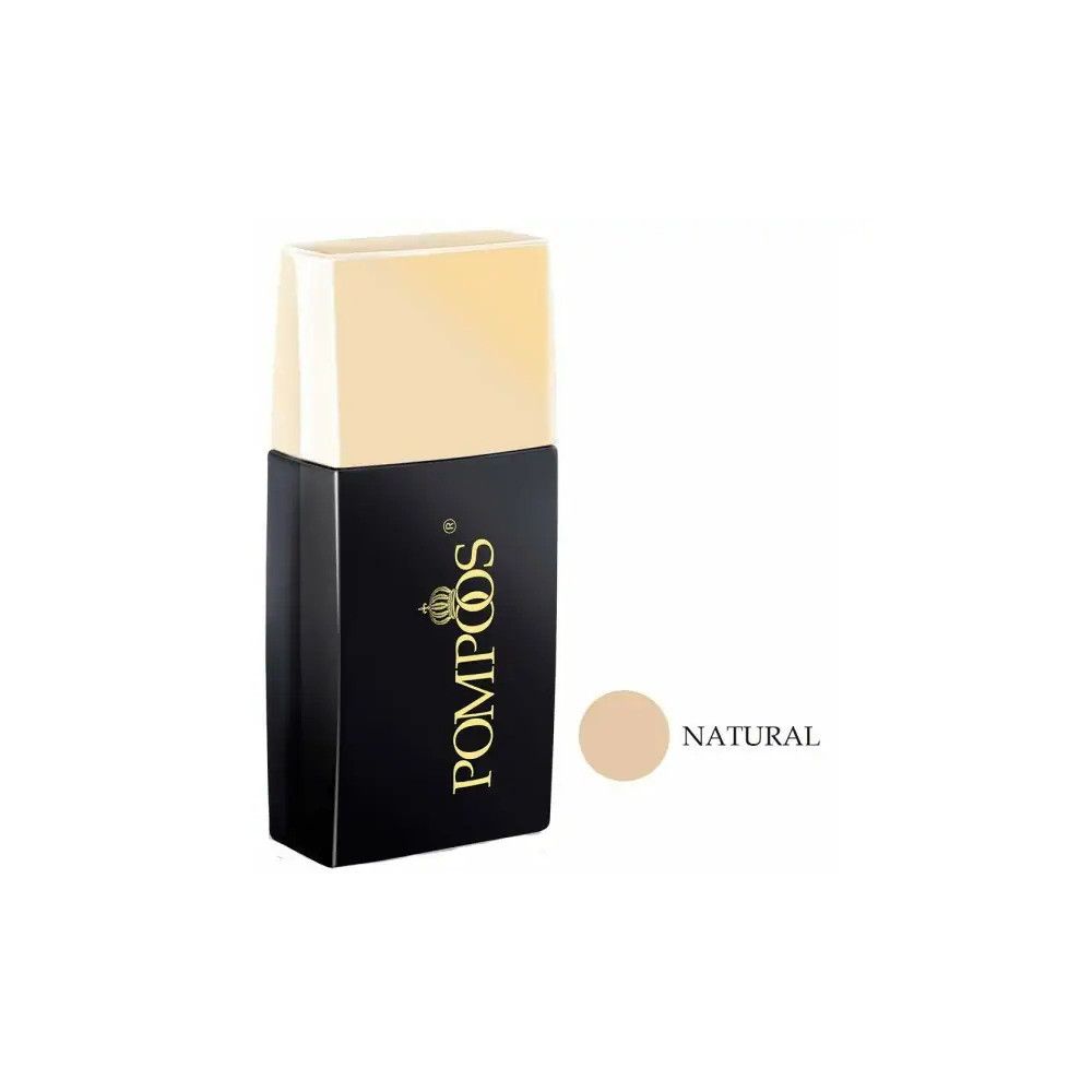 Schwarze Foundation-Flasche mit goldener Schrift und Deckel. Farbton 'Natural' daneben.