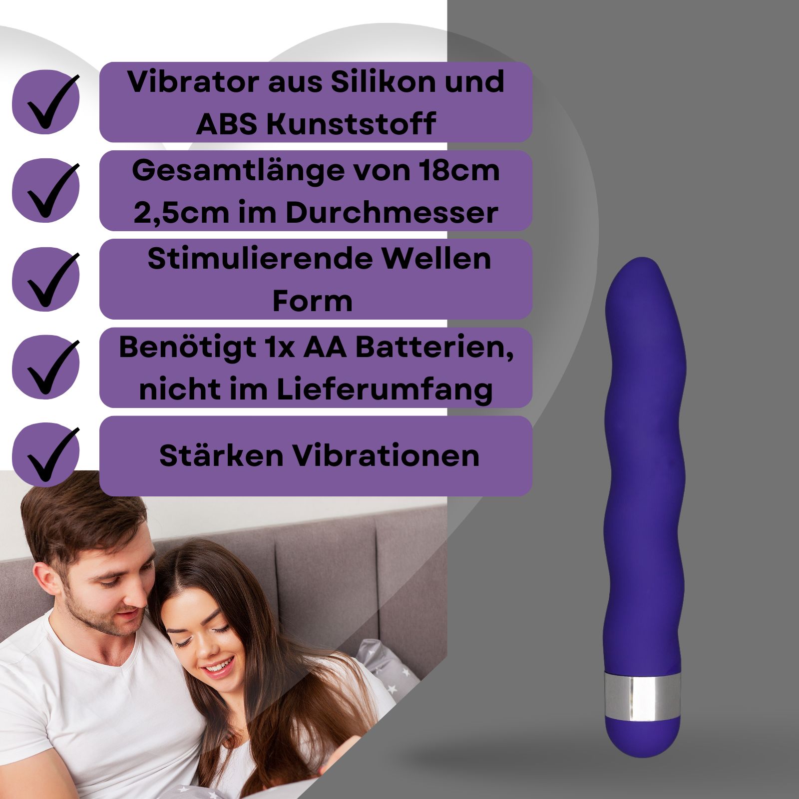 Blauer Vibrator. Wellenform, 18 cm lang, 2,5 cm Durchmesser. Auf Podest. Maße angezeigt.