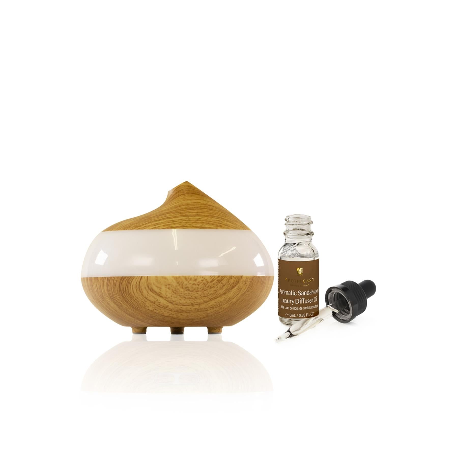 Diffusor-Set: Holz-Diffusor, weiße Leiste, Glasflasche, Pipette. Aromatisches Sandelholz-Diffuser-Set.