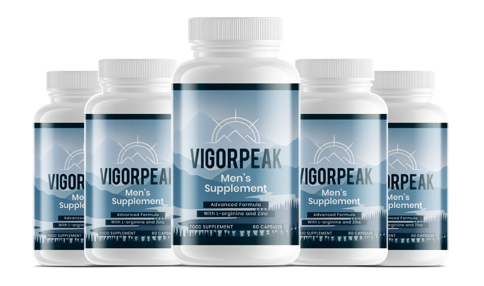 VigorPeak Männer Supplement: Fünf weiße Flaschen mit blauem Etikett, das Berge und den Produktnamen zeigt.