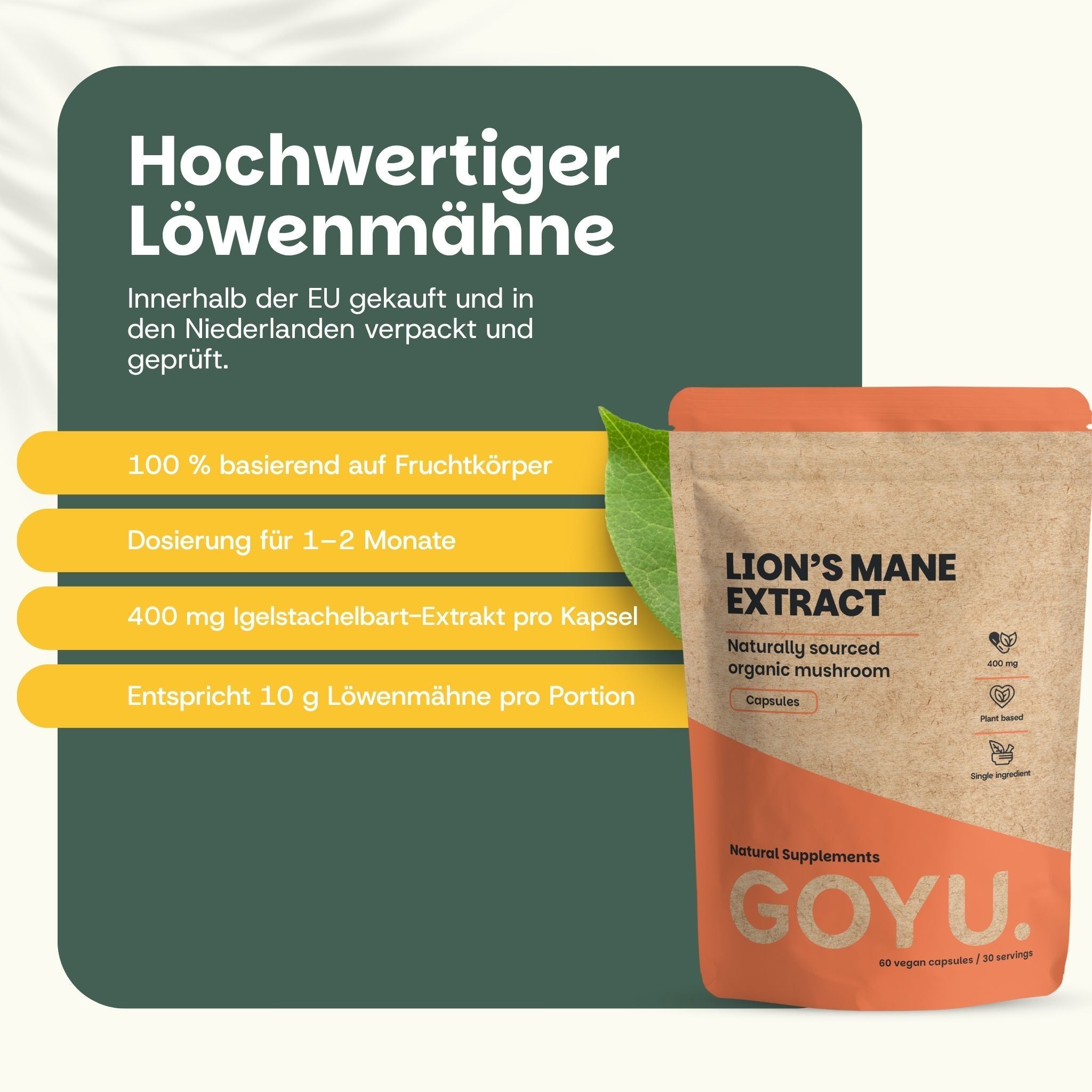 Hochwertiger Löwenmähne Extrakt in Kapselform, 100% Fruchtkörper, 400 mg pro Kapsel.