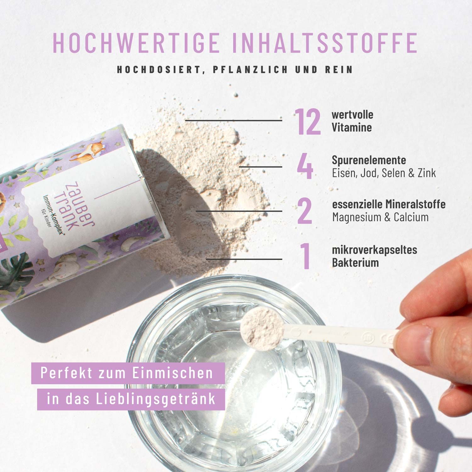 Produktpulver wird in Wasser gelöffelt. Text: "Hochwertige Inhaltsstoffe".