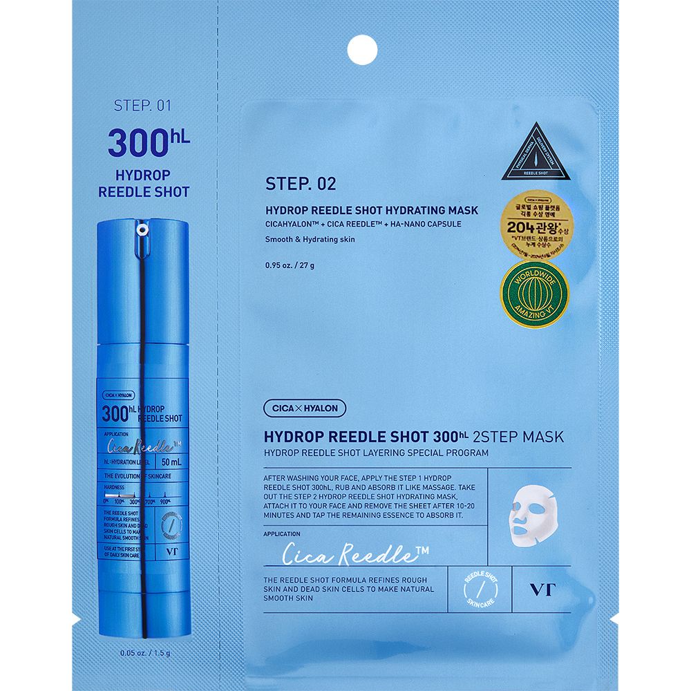 Blaues Produkt-Paket mit Ampulle und Maske. Aufschrift: Hydrop Reedle Shot 300hL 2-Stufen-Tuchmaske. Enthält Anwendungsanweisungen.