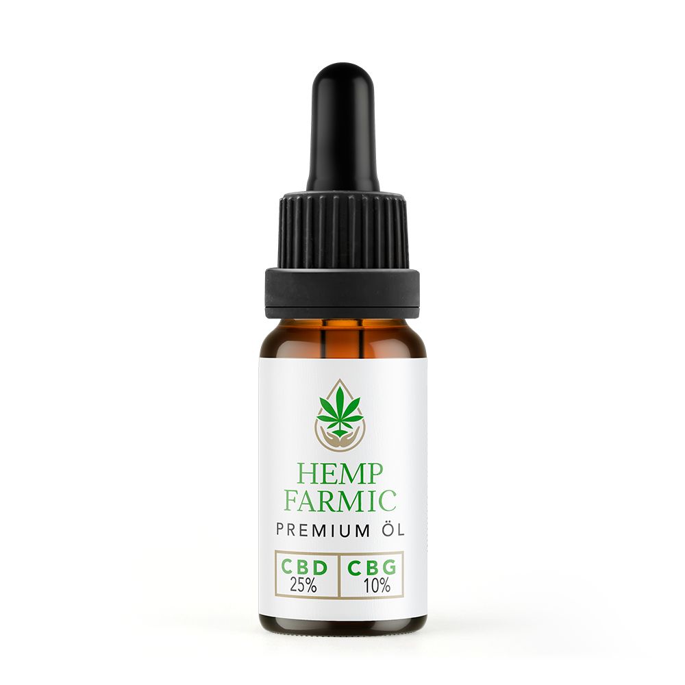 HempFarmic Premium Öl CBD 25% CBG 10%. Braune Glasflasche mit Pipette.