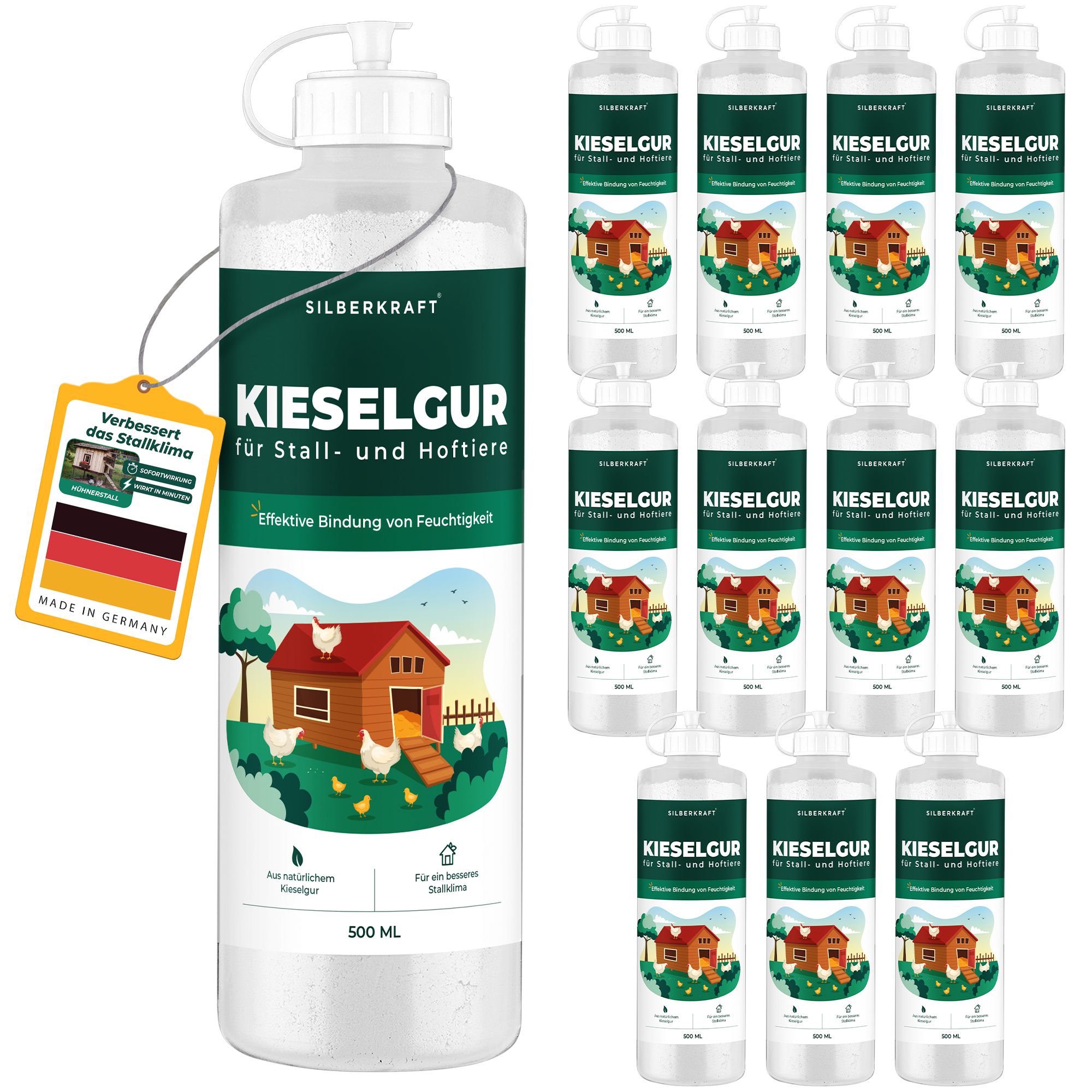 Mehrere Flaschen SILBERKRAFT Kieselgur. Auf einer Flasche ist das Etikett mit Produktinformationen und dem Logo "Made in Germany" zu sehen.