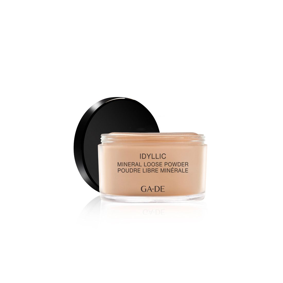 Beige Puderdose mit schwarzem Deckel. Aufschrift: Idyllic Mineral Loose Powder. Marke: Ga-De.