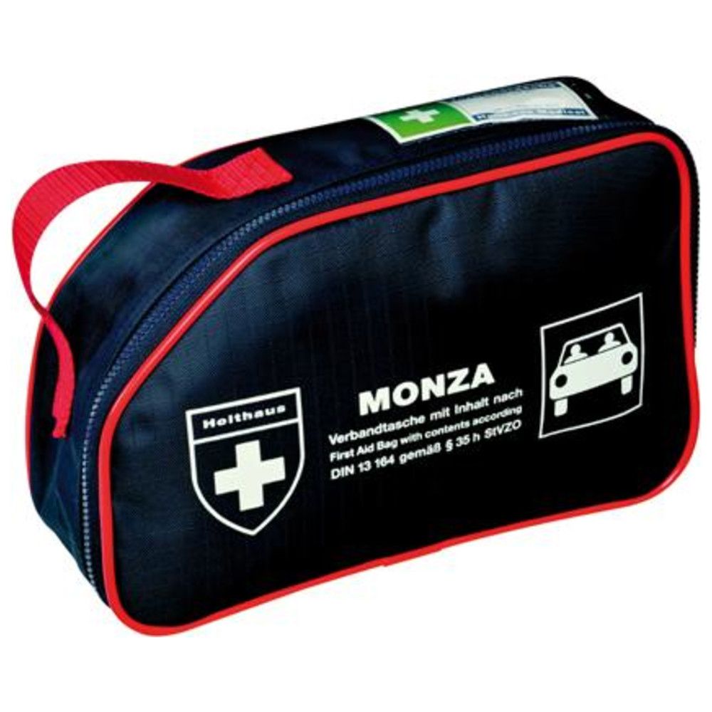 Schwarze Verbandtasche mit rotem Reißverschluss und Griff. Logo: Holthaus Medical, MONZA.