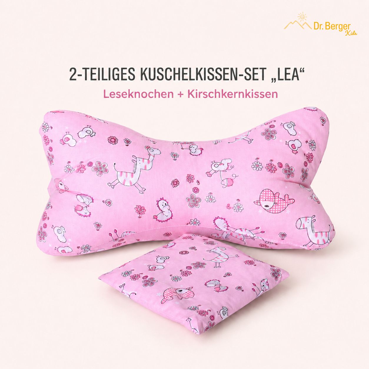 Zwei rosa Kissen mit Tiermotiven, als Set "Lea" bezeichnet.
