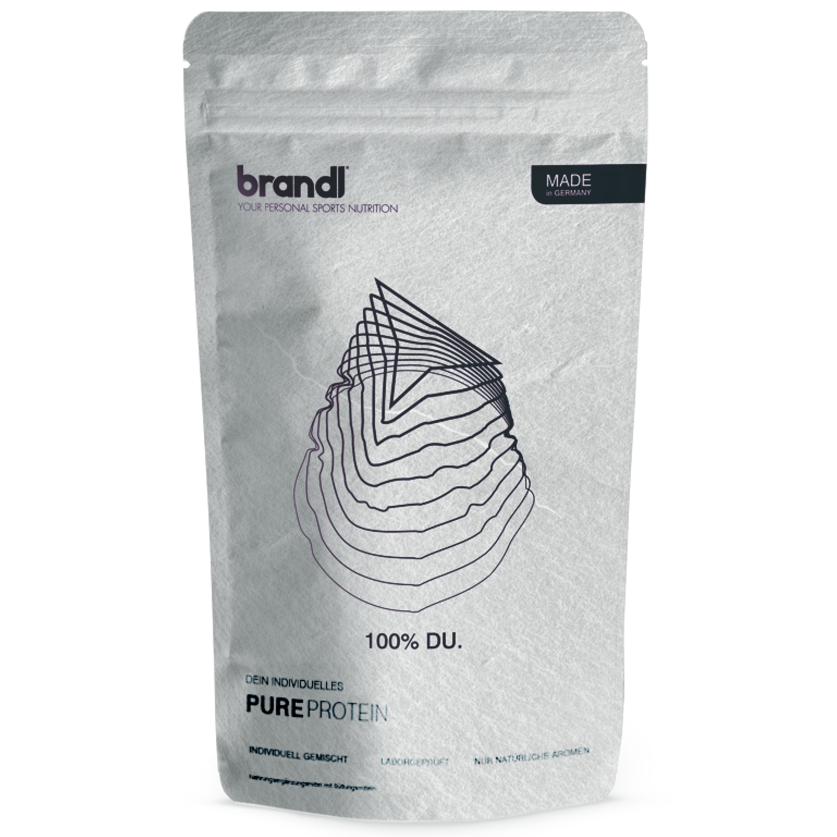 Proteinpulver-Beutel, weiß, mit schwarzem Logo und Text: 100% DU. Pure Protein. Made in Germany.