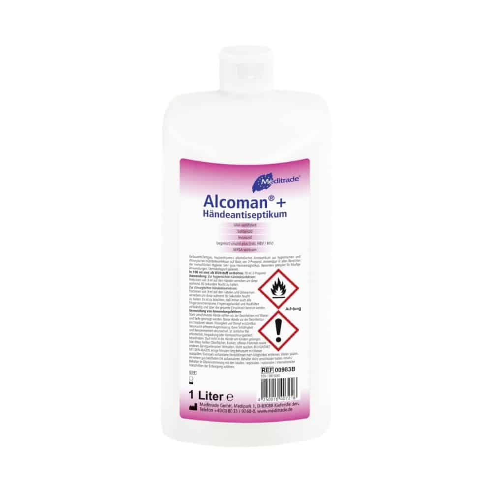 Meditrade Alcoman® plus Händeantiseptikum, 1 Liter Flasche mit Etikett und Gefahrensymbolen.