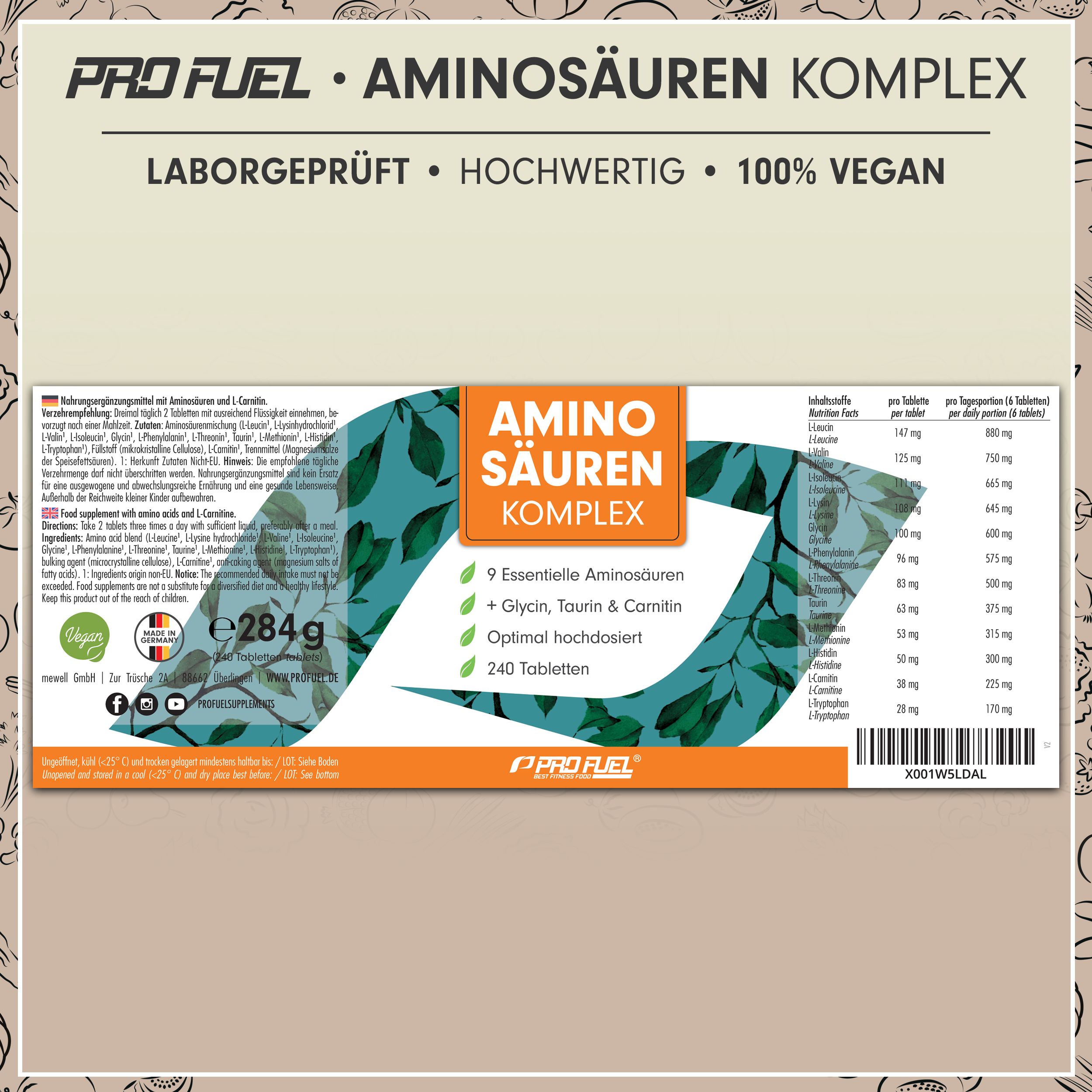 Pro Fuel Aminosäuren Komplex: Dose mit 240 Tabletten. 9 essentielle Aminosäuren, 100% vegan, laborgeprüft.