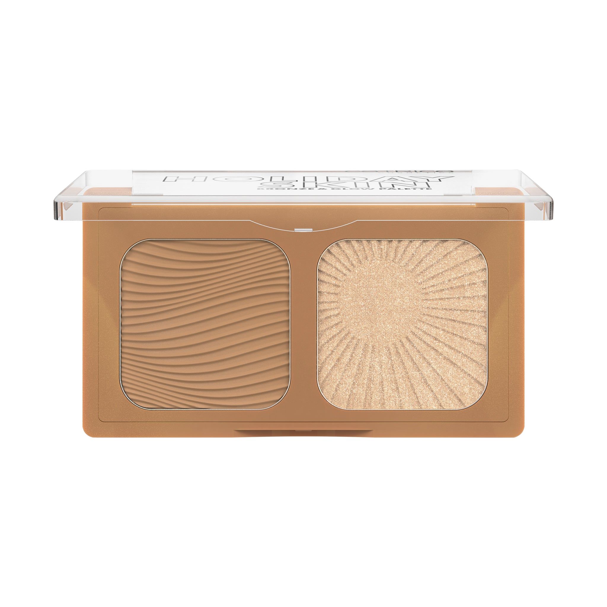 Palette mit zwei Kosmetikprodukten. Links ein braunes Produkt mit Wellenmuster, rechts ein goldfarbenes Produkt mit Sonnenstrahlenmuster.