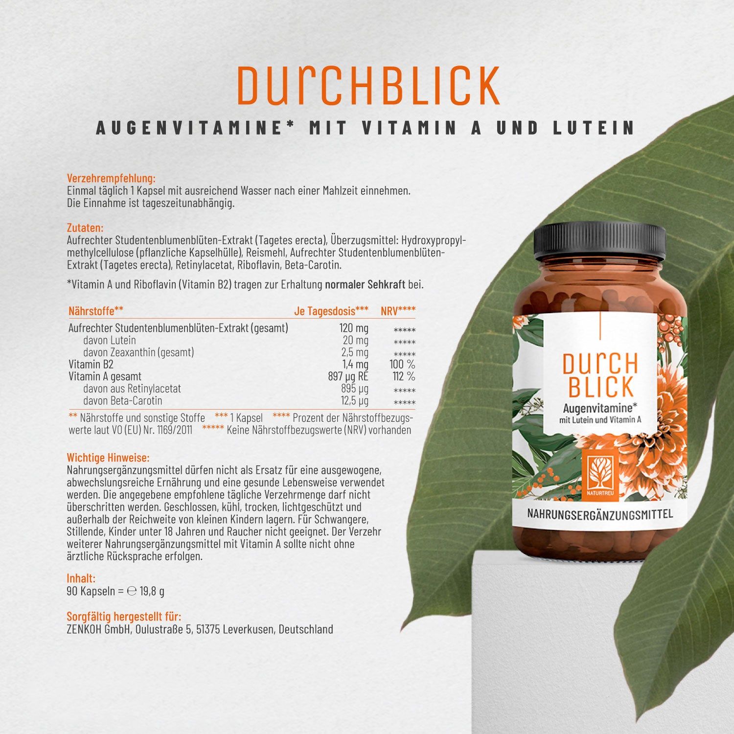 Flasche Augenvitamine von NATURTREU® mit Blumenmotiv. Text über Anwendung und Inhaltsstoffe.