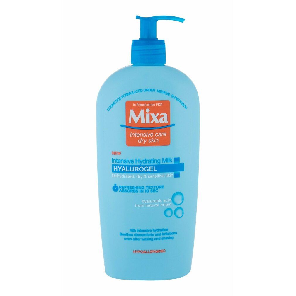 Hellblaue Flasche mit blauem Pumpkopf. Aufschrift Mixa Hyalurogel. Text: Intensive care dry skin, erfrischende Textur.
