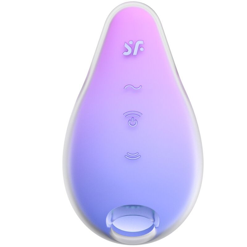 Stimulator in Tropfenform mit Bedienknöpfen. Farbverlauf von Lila nach Rosa. Transparenter Rand. Logo oben.