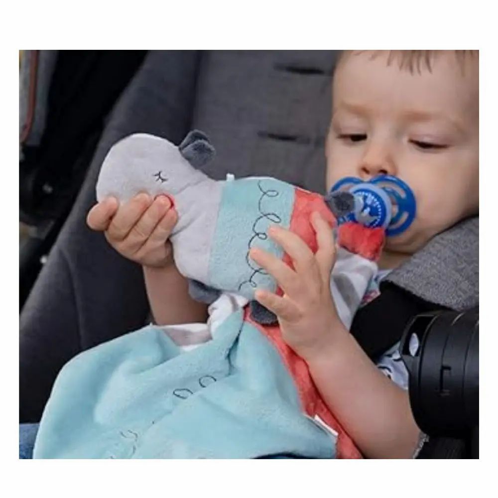 Kind im Kinderwagen mit Kuscheltuch und Schnuller. Nilpferd-Kopf, blaues Tuch.