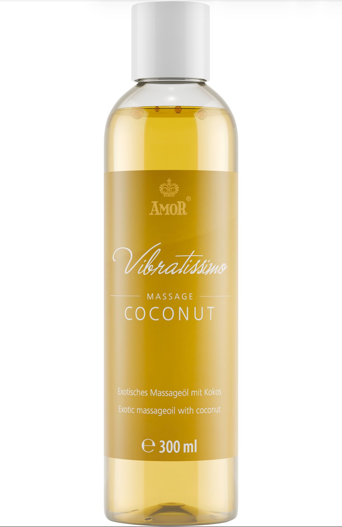 Vibratissimo Massageöl Coconut, 300 ml. Gelbes Öl in klarer Flasche mit weißem Verschluss.