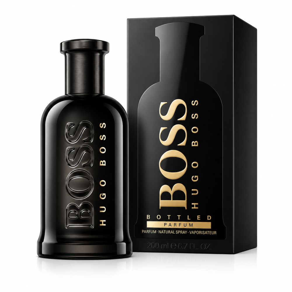 Hugo Boss Bottled Parfum Flakon und schwarze Verpackung.
