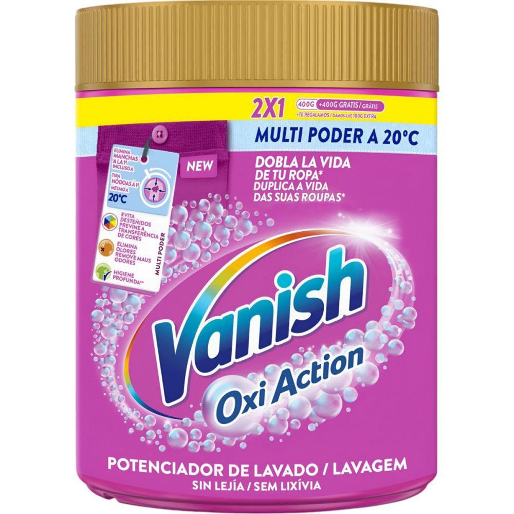 Runde Dose Vanish Oxi Action Fleckenentferner-Pulver. Lila Dose mit goldenem Deckel. Text: Multi Poder, 2X1, Oxi Action.