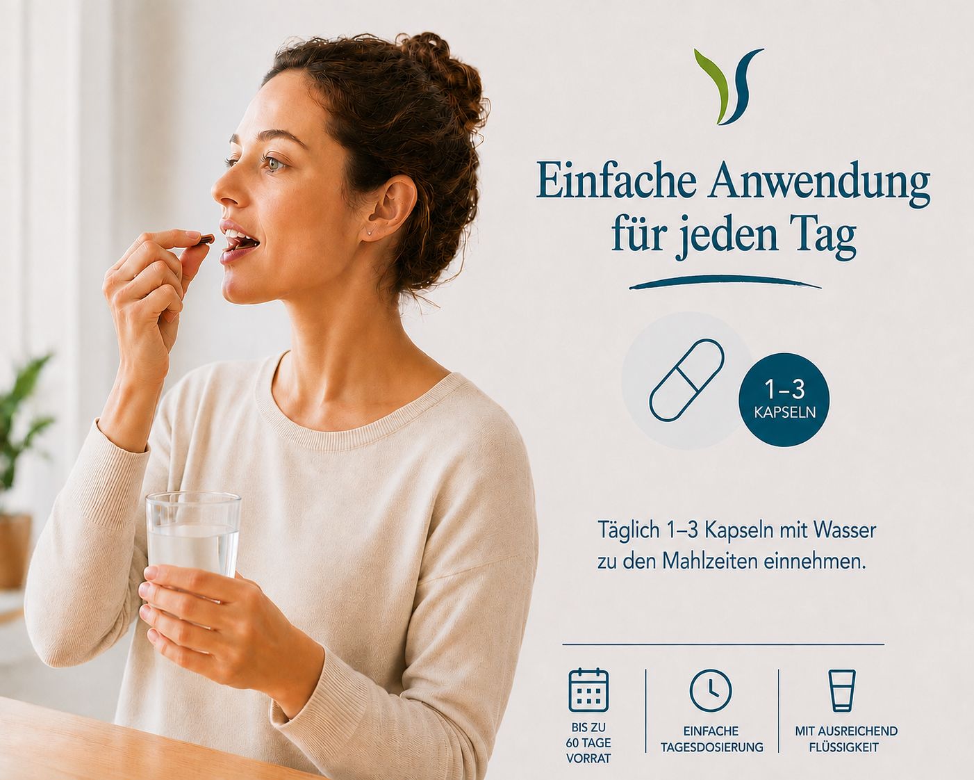 Frau nimmt eine Kapsel Vitalsee ANDROGRAPHIS paniculata 300 Extrakt mit Wasser ein.