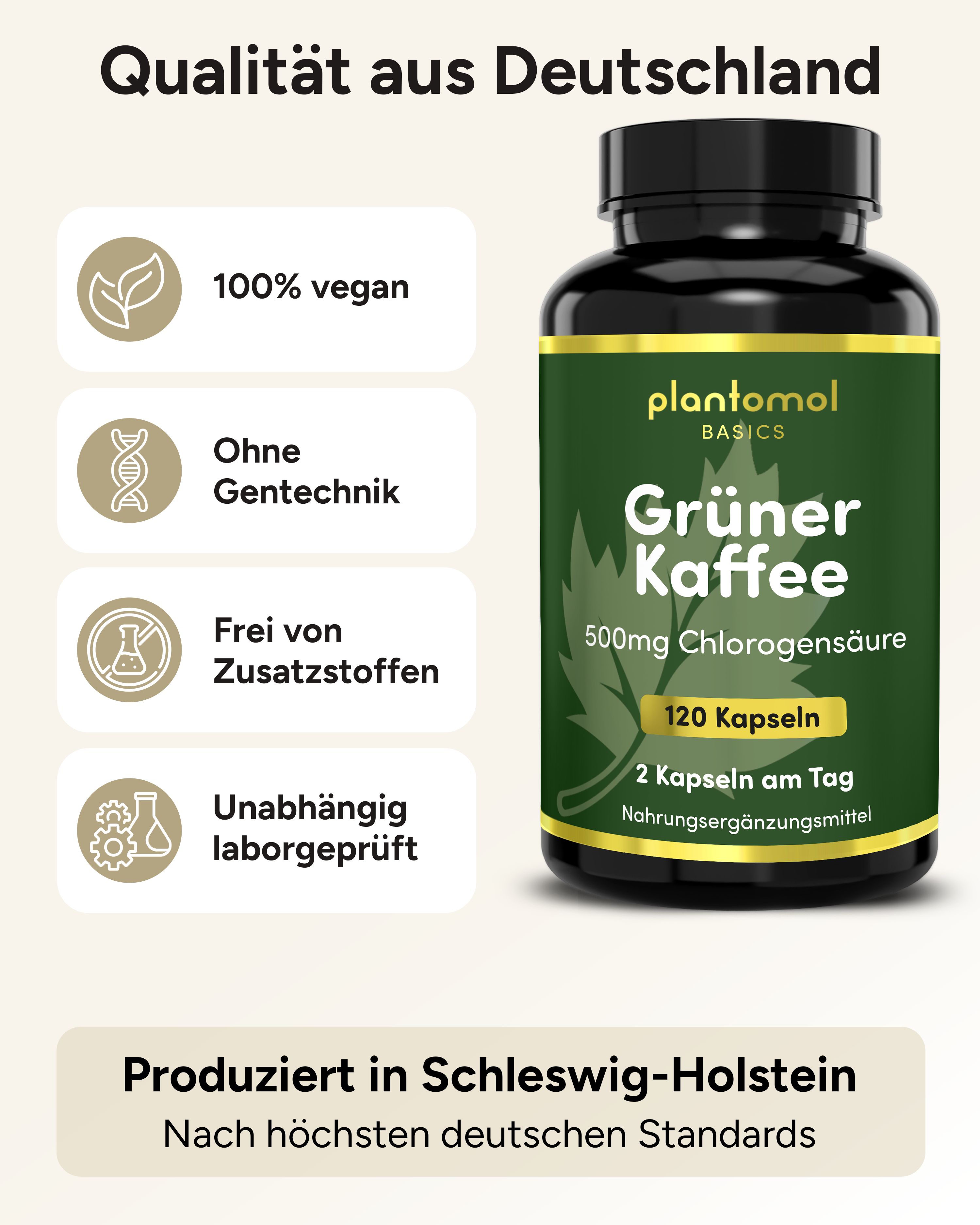 Produktflasche mit Text: Grüner Kaffee, 120 Kapseln, 2 Kapseln am Tag. Zertifizierungen: vegan, ohne Gentechnik, laborgeprüft.