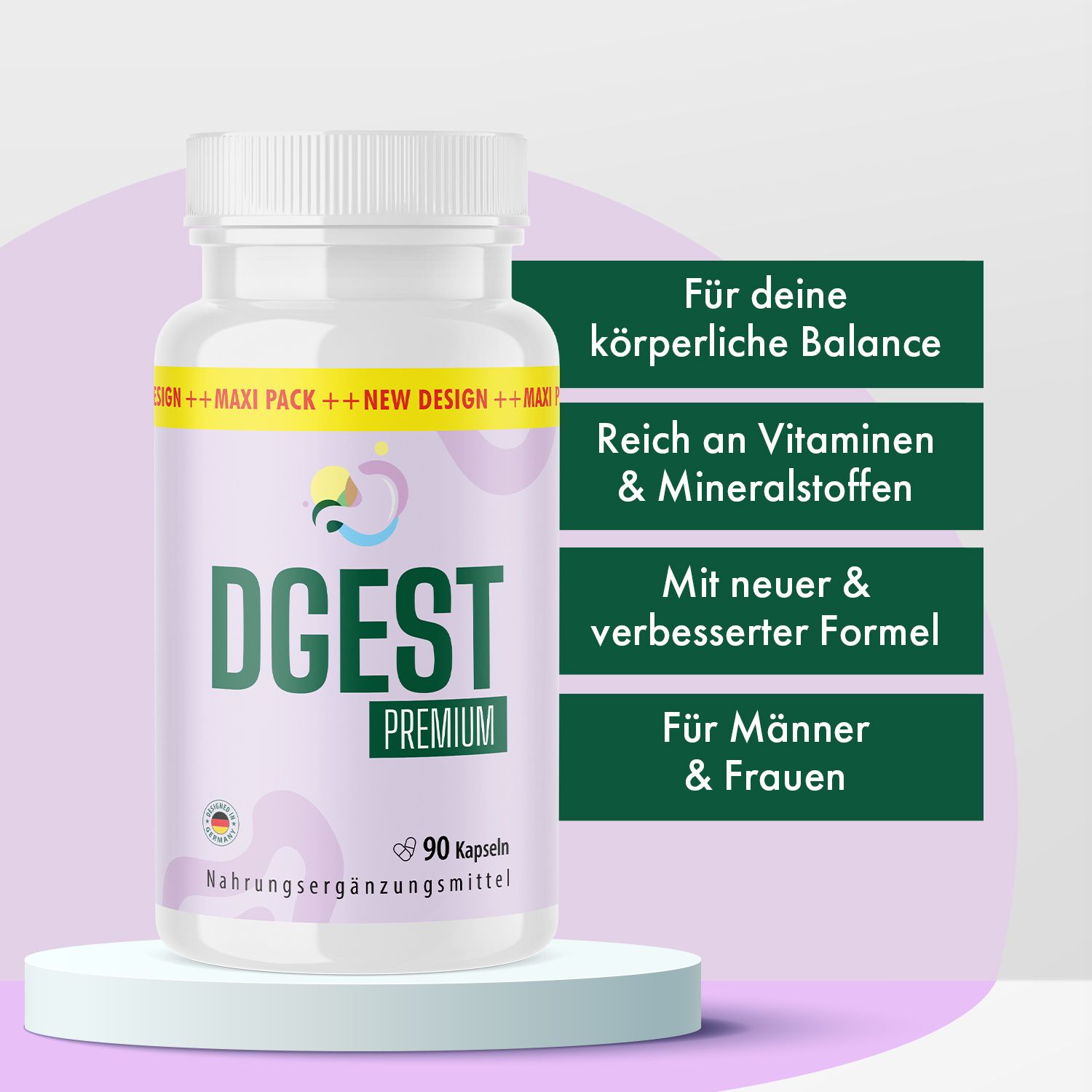 DGEST Premium Kapseln, Flasche. Aufschrift: Premium, Nahrungsergänzungsmittel. Textfelder: Für körperliche Balance, reich an Vitaminen, neue Formel.