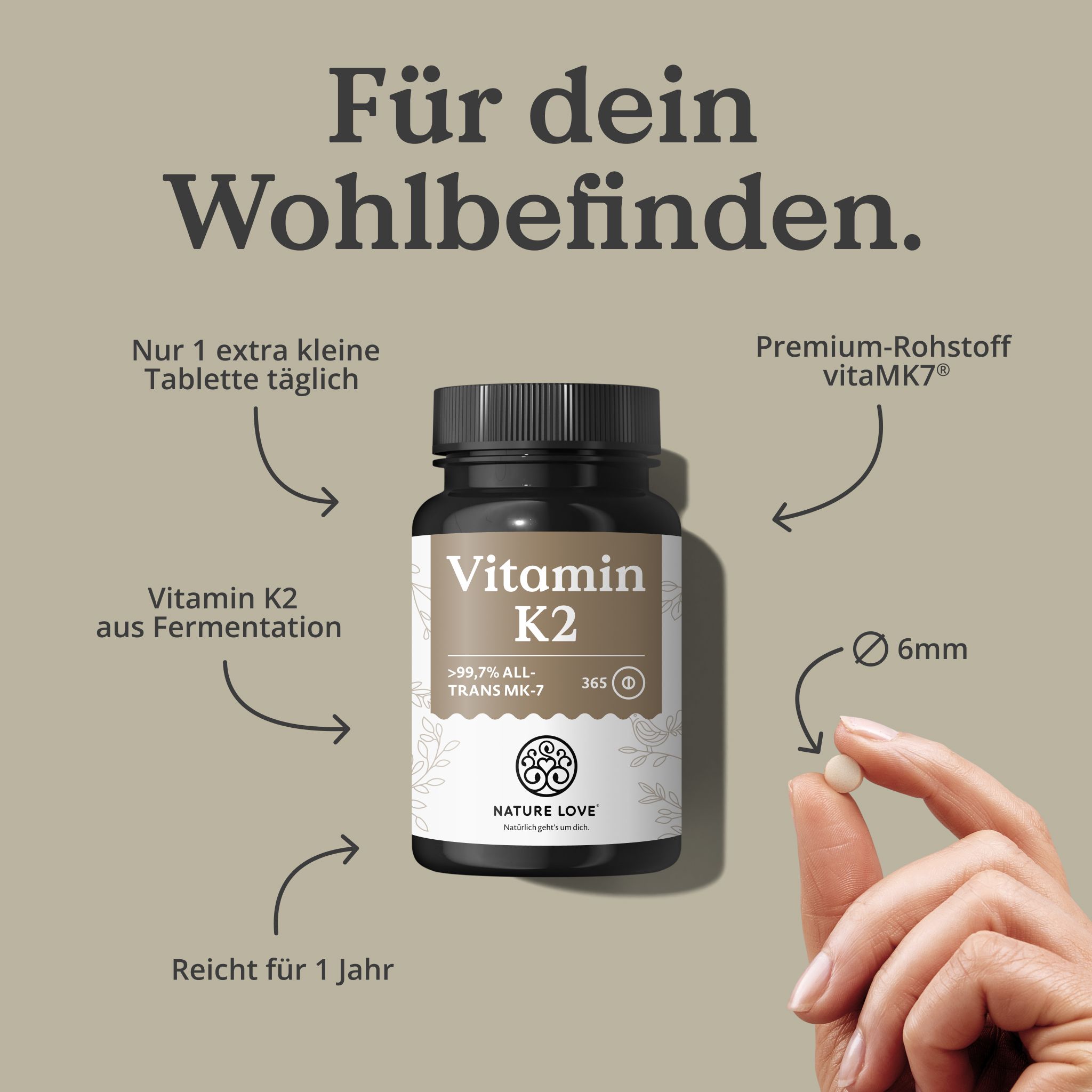 Flasche Vitamin K2 von Nature Love, 365 Kapseln, 6mm Kapselgröße.