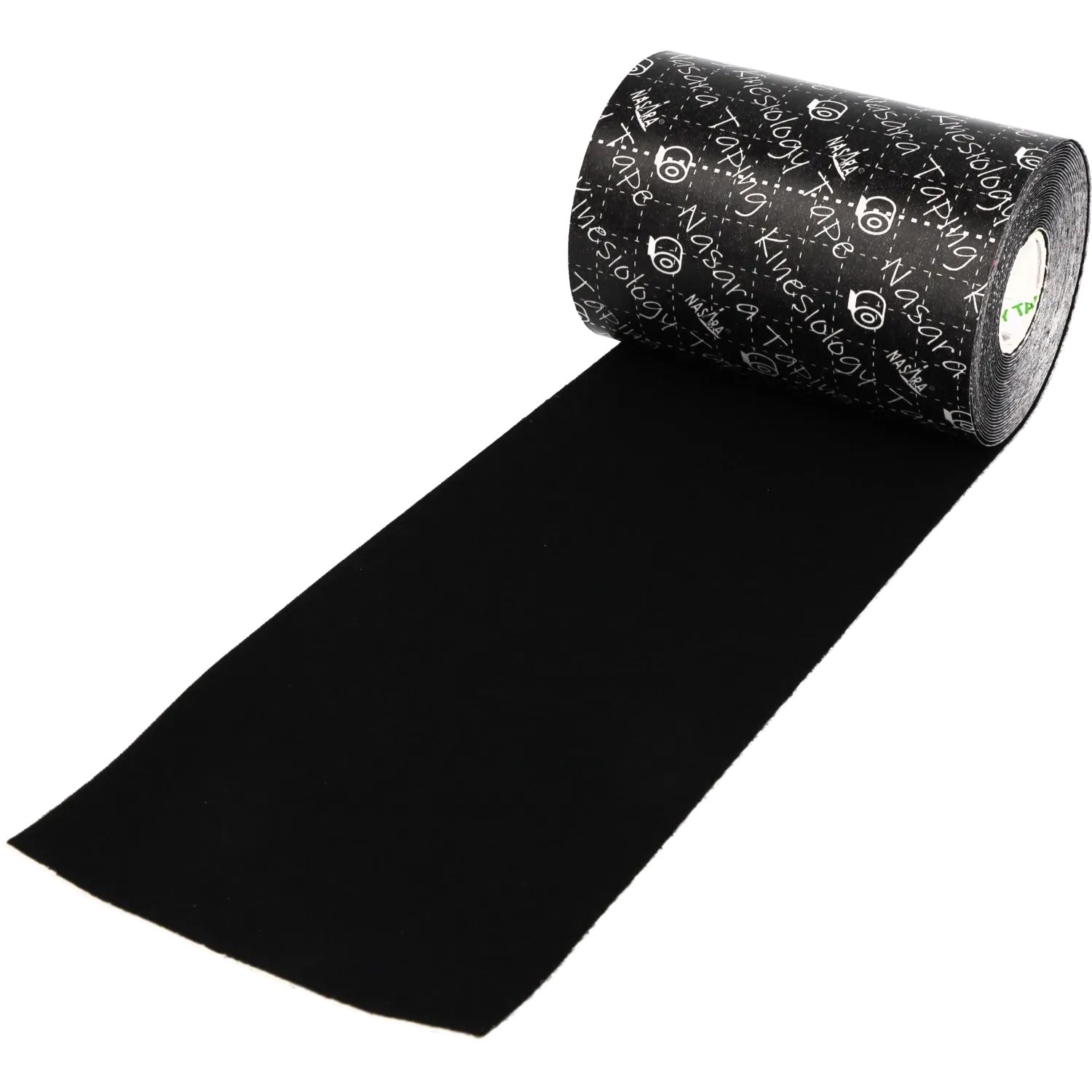 Schwarzes Kinesio-Tape, teilweise abgerollt. Auf der Rolle ist der Markenname "Nasara Kinesiology Tape" in Weiß aufgedruckt.
