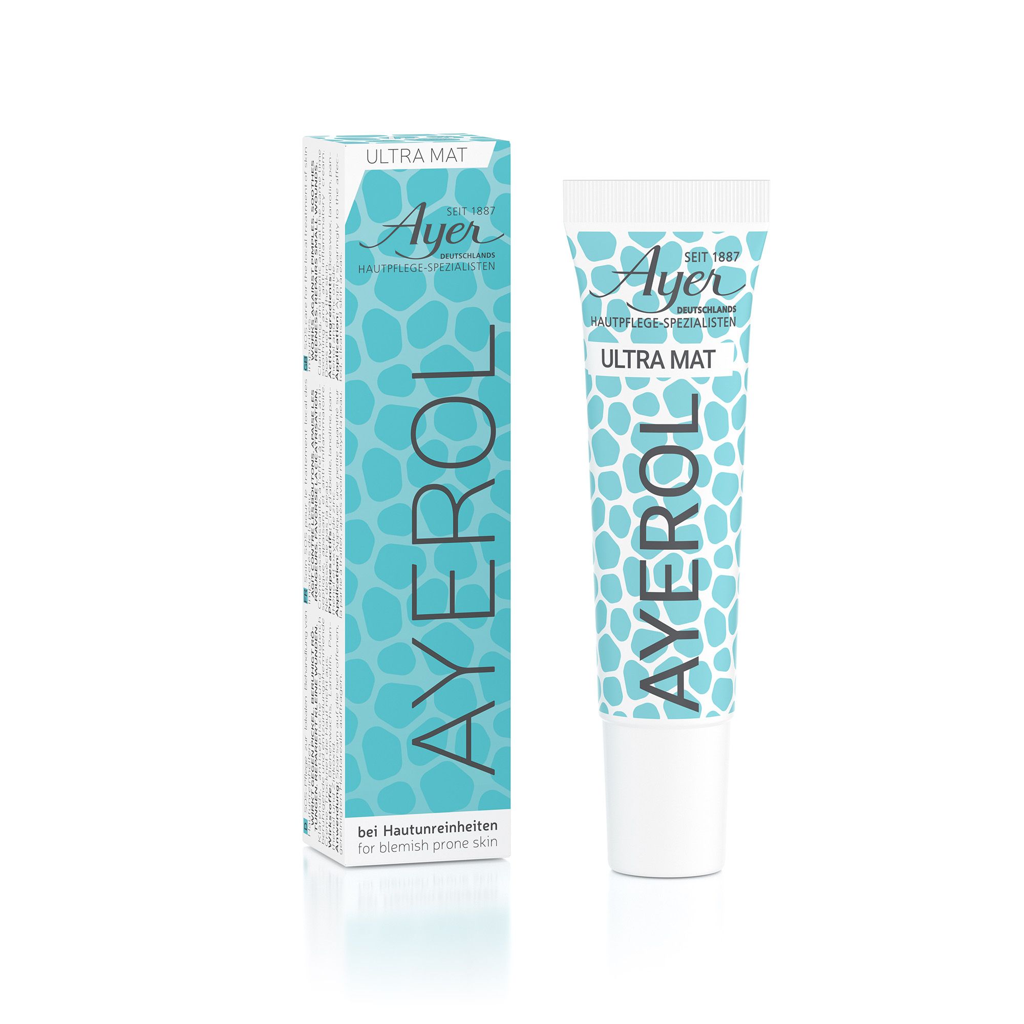 Ayerol Ultra Mat Tube und Schachtel. Türkis-weißes Design mit Produktnamen und Logo. Text: bei Hautunreinheiten.