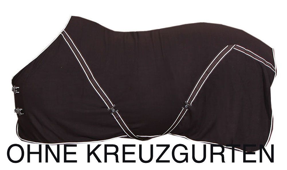 Schwarze Pferdedecke ohne Kreuzgurte mit weißer Paspelierung. Metallverschlüsse.