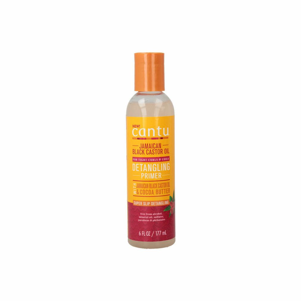 Cantu Jamaican Black Castor Oil Detangling Primer Flasche. Gelb-oranges Etikett, roter Boden. 6 fl oz / 177 ml.