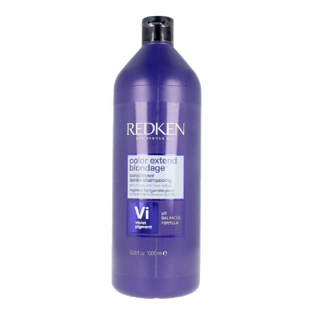 Violette Spülung von Redken. Flasche mit schwarzem Deckel. Produktetikett mit Text.