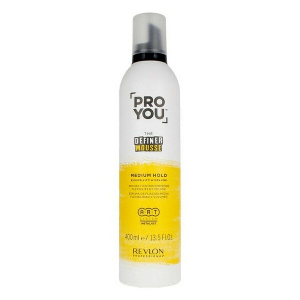 Weiß-gelbe Flasche mit schwarzem Deckel. Aufschrift: PRO YOU THE DEFINER MOUSSE MEDIUM HOLD. Volumen: 400ml/13.5 fl oz.