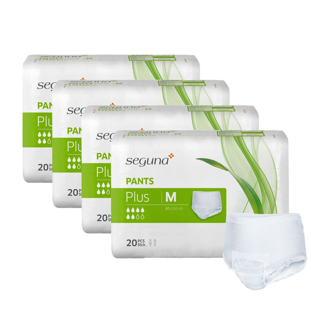 Verpackung von SEGUNA Pants Plus M. 4 Packungen und ein einzelnes Produkt. Produktname und Logo sichtbar.
