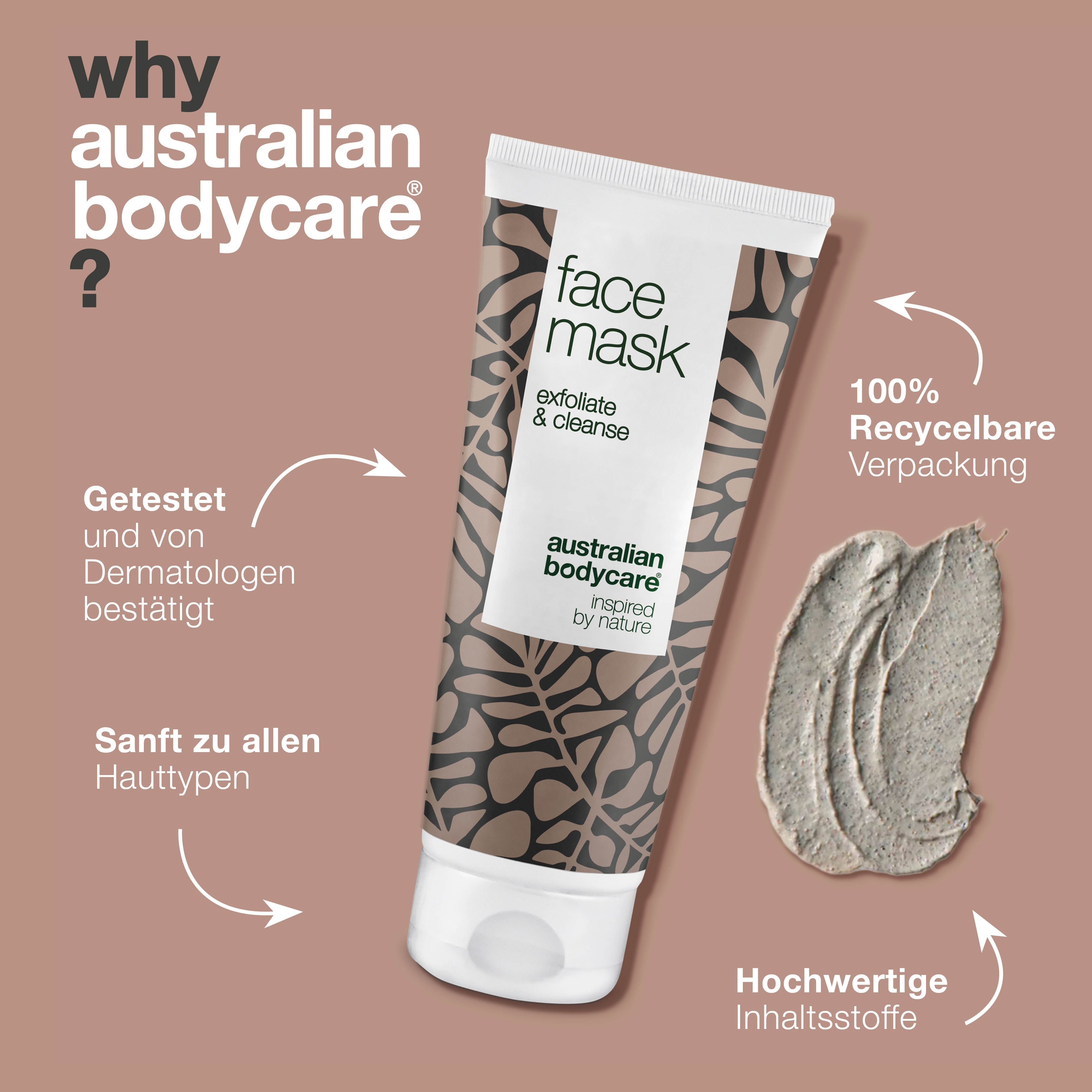 Gesichtsmaske-Tube, Text: Face Mask, exfoliate & cleanse, Australian Bodycare. Text: 100% recycelbare Verpackung.