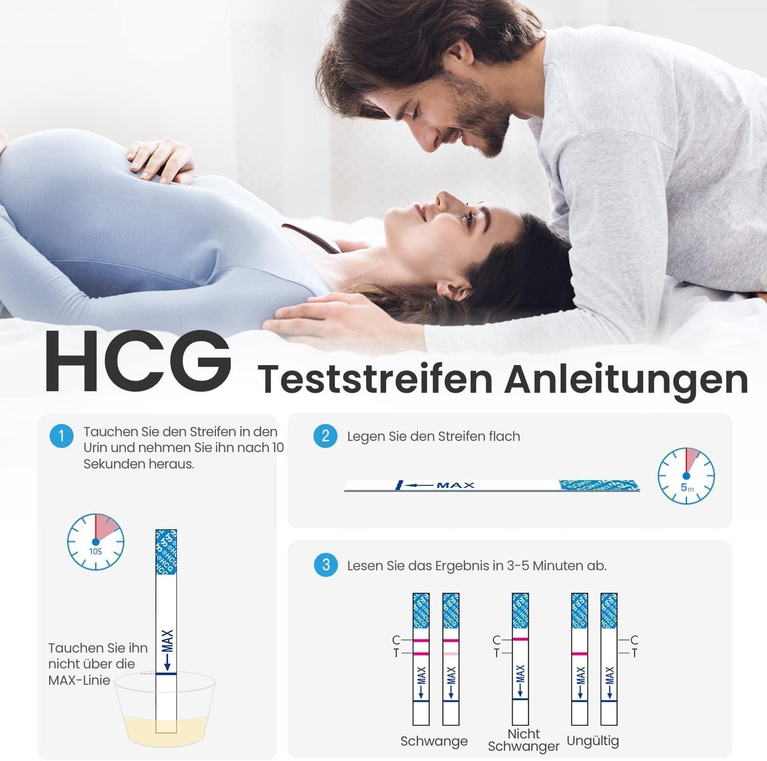 Anleitung zur Verwendung von HCG-Teststreifen. Schritte: Eintauchen, flach legen, Ergebnis ablesen. Ergebnisse: schwanger, nicht schwanger, ungültig.