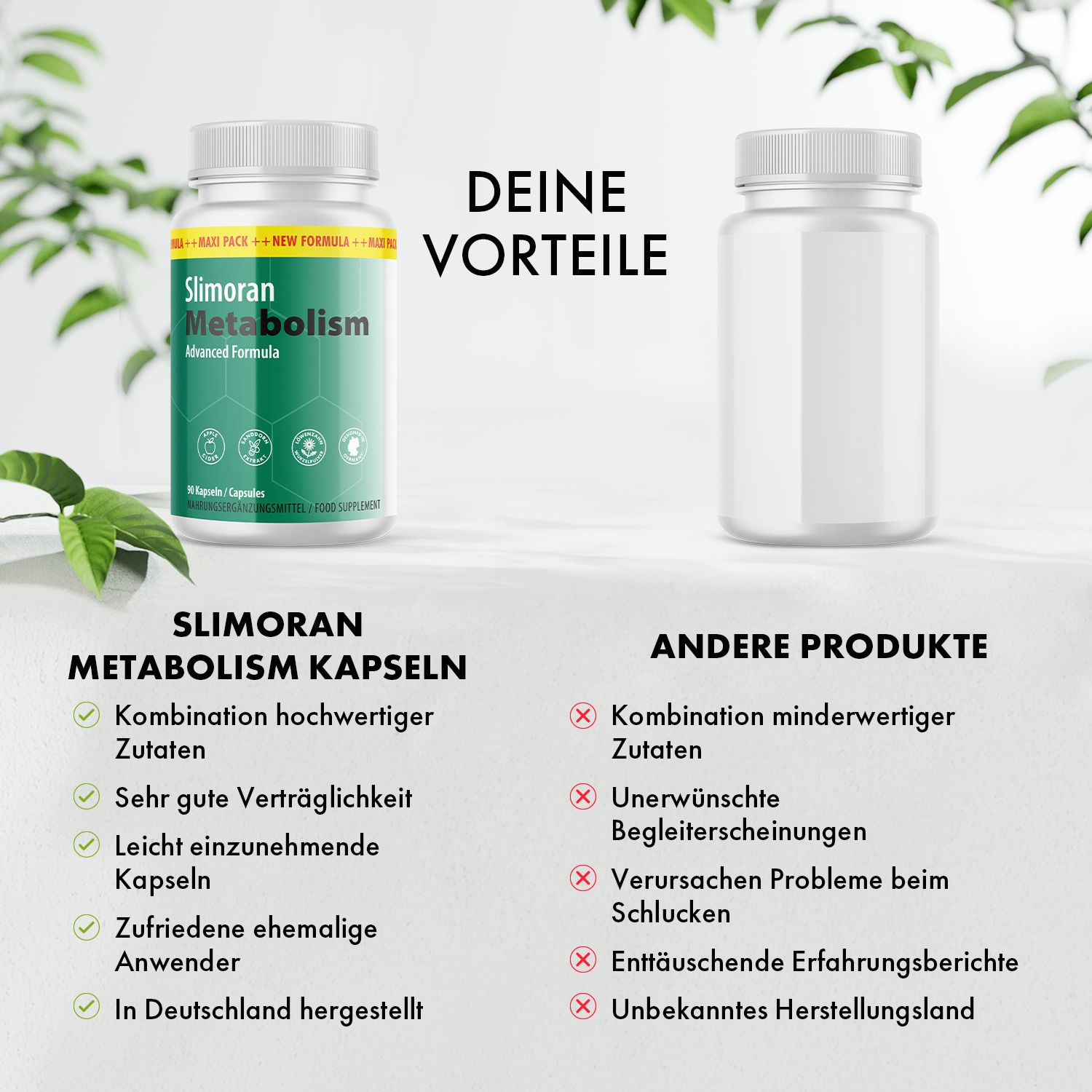 Vergleich Slimoran Metabolism Kapseln mit anderem Produkt. Slimoran: grüne Kapseln, Vorteile. Anderes Produkt: Nachteile.