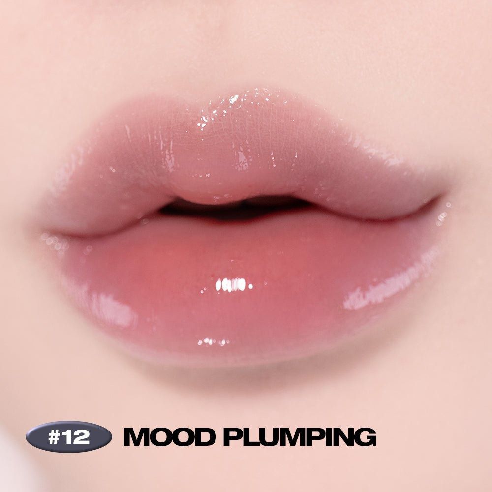 Nahaufnahme von Lippen mit glänzendem Lipgloss. Text: "#12 MOOD PLUMPING".