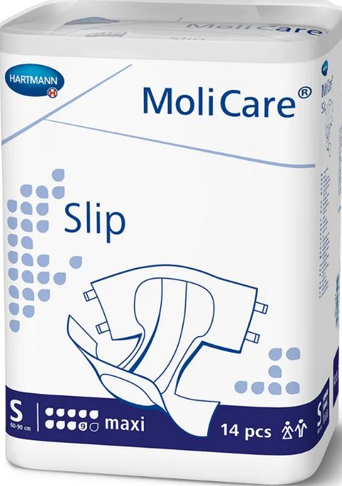 MoliCare Slip Maxi Verpackung. Größe S, 14 Stück. Produktabbildung auf der Verpackung.