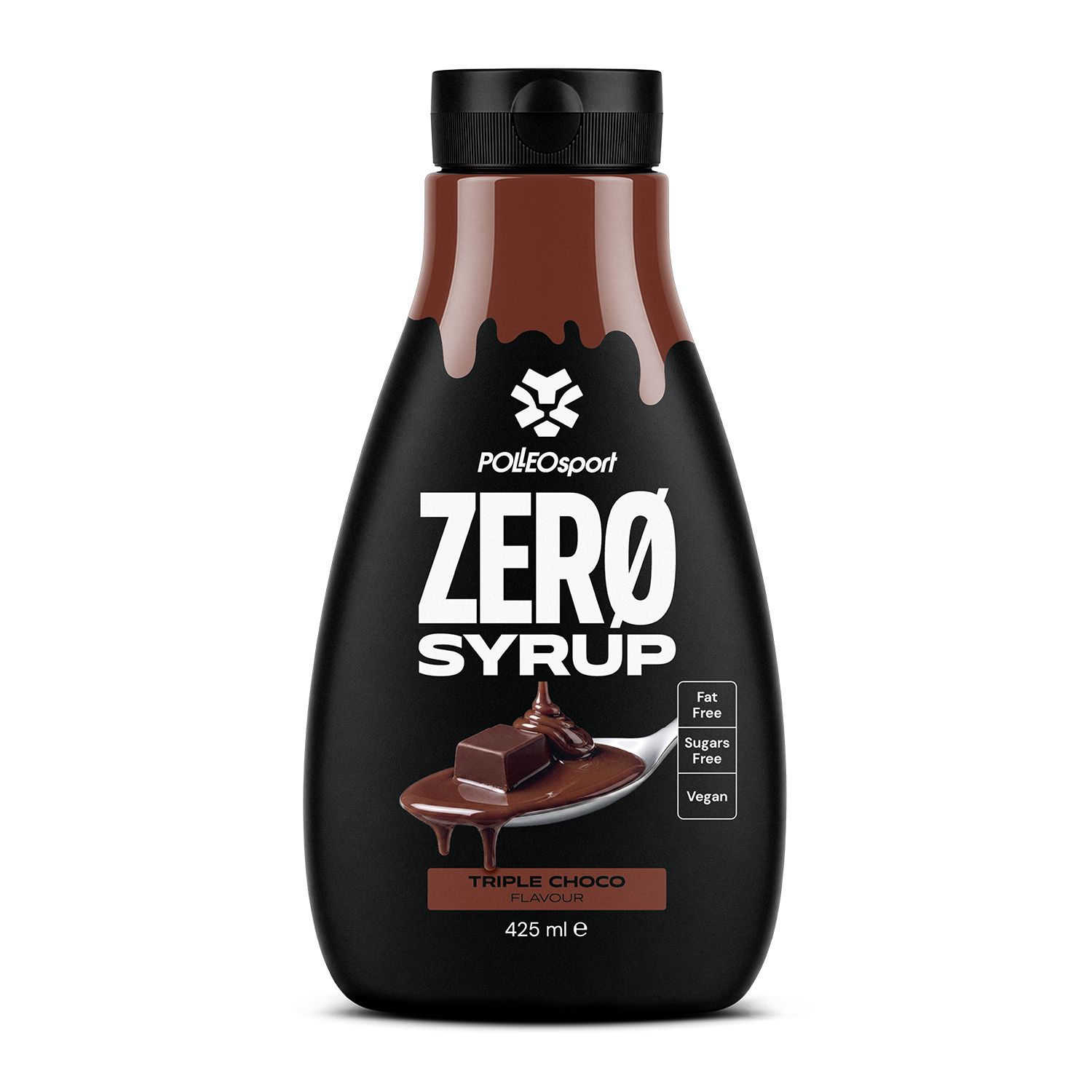 Schwarze Flasche Polleo Zero Sirup, Triple Choco Geschmack, 425 ml. Fettfrei, zuckerfrei, vegan.