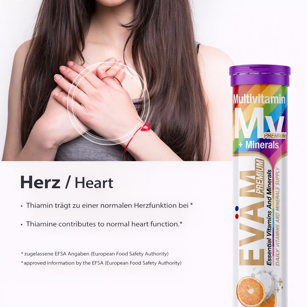 EVÄM Multivitamin + Mineralien Tube. Text: Thiamin trägt zu einer normalen Herzfunktion bei. Orange-Geschmack. Vegan.