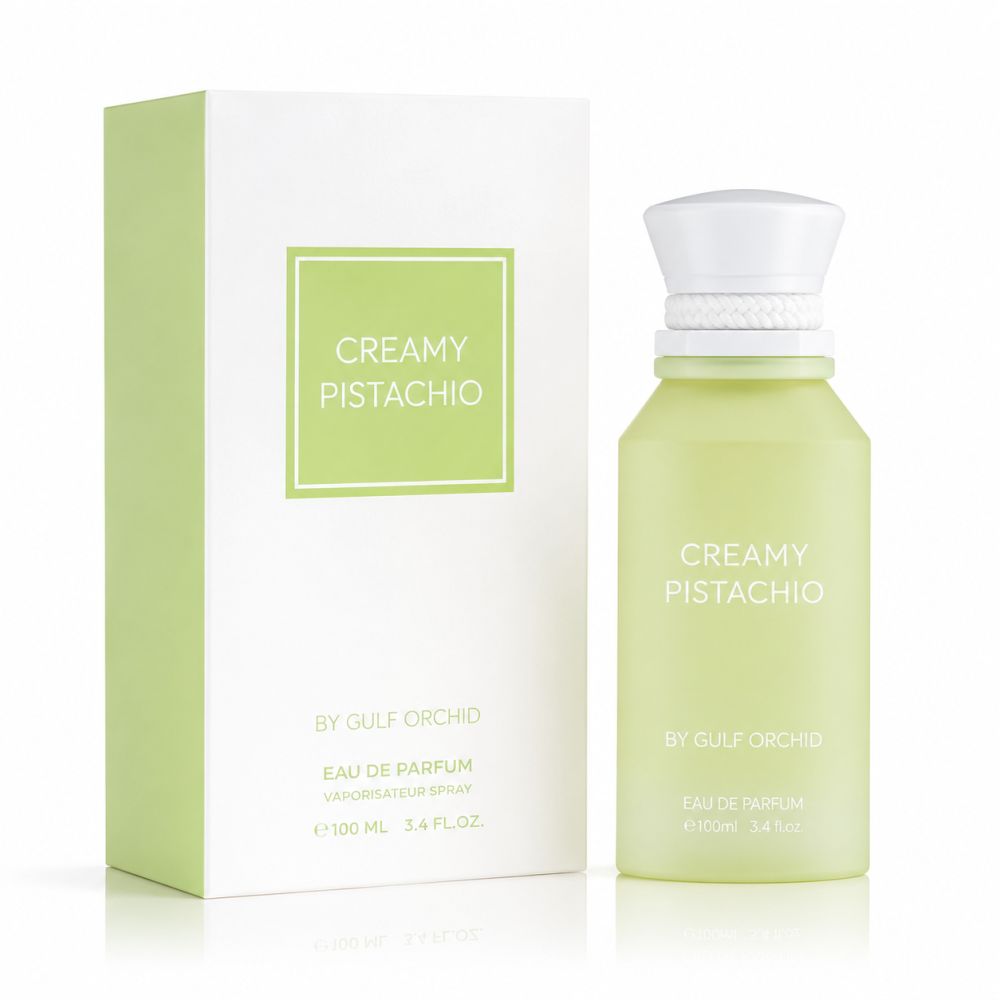 Verpackung und Flasche des Eau de Parfum "Creamy Pistachio" von Gulf Orchid, 100ml.