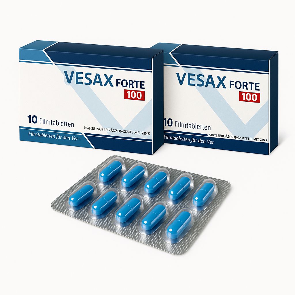 Zwei Schachteln Vesax Forte 100 und eine Blisterpackung mit blauen Filmtabletten. Aufschrift: 10 Filmtabletten. Nahrungsergänzungsmittel mit Zink.