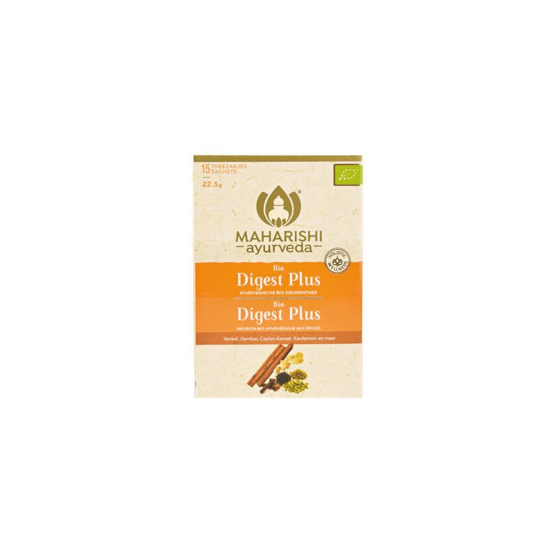 Verpackung von Maharishi Ayurveda Digest Plus. Aufschrift: Bio Digest Plus. Mit Zutaten wie Zimt und Kardamom.