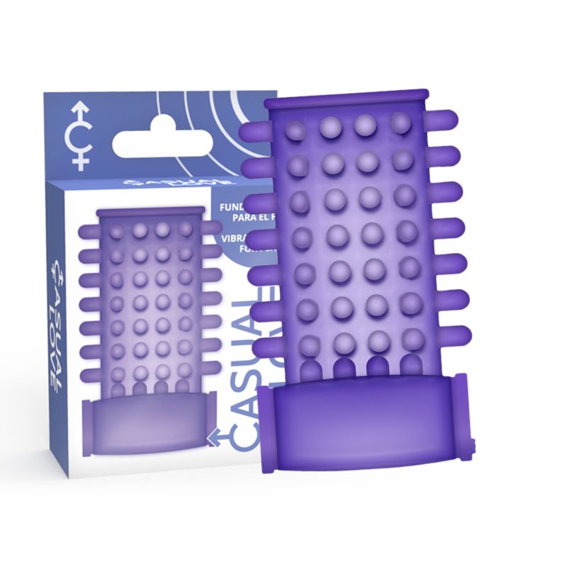 Lila Penismanschette mit Noppen und Stacheln, in Verpackung. Verpackung mit Produktabbildung und Text: Casual Love.
