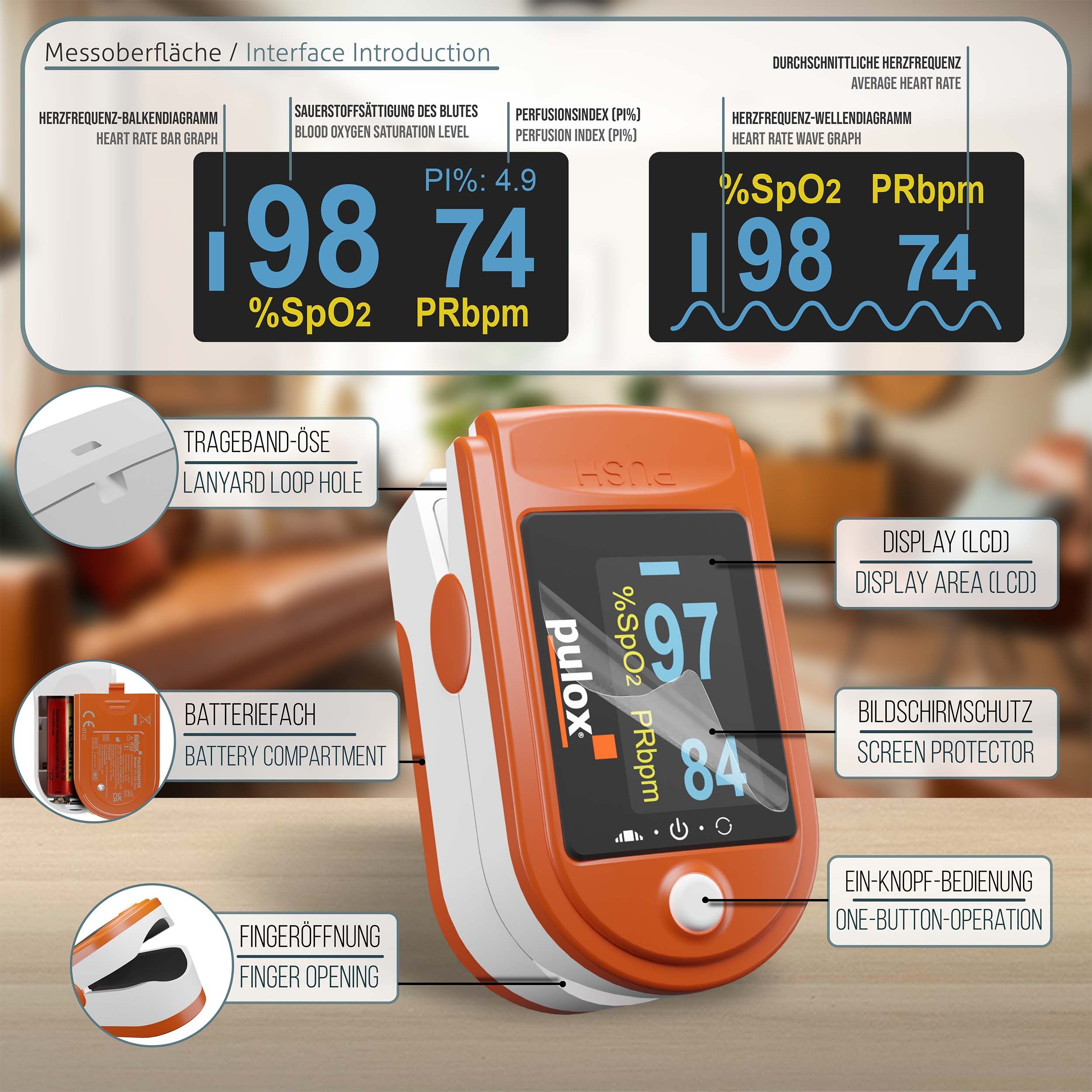 pulox - PO-200 Solo - Finger-Pulsoximeter - Orange